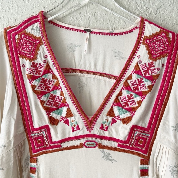 Free People Tulum 3/4 Bell Sleeve Embroidered Boho Tunic Mini Dress S - Picture 4 of 14